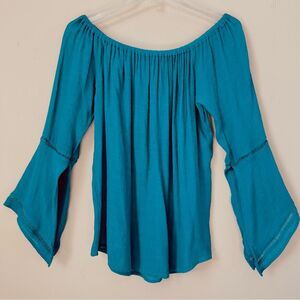 Harve Bernard Off Shoulder Bell Sleeve Gauze Lightweight Teal Boho Blouse SZ S